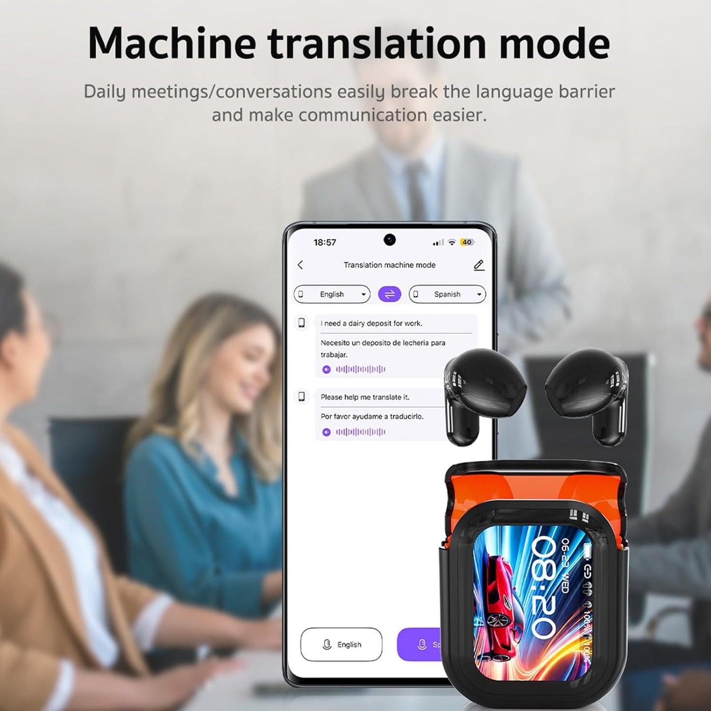 NE20 Earbuds, 2025 New NE20 AI Translation Earbuds in Real Time, Language Translator Headphones with LCD Touch Screen Audifonos Traductores Inglés Español Support 140 Languages for Travel White