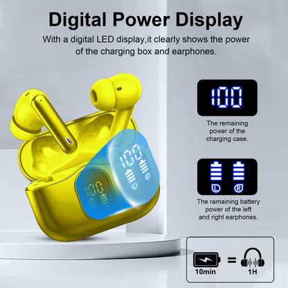 Wireless Earbuds, Bluetooth 5.4 Headphones Bass Stereo, Ear Buds with Noise Cancelling Mic, LED Display in Ear Earphones Clear Calls, IP7 Waterproof Bluetooth Earbuds for Laptop/Phones/Sports, Yellow