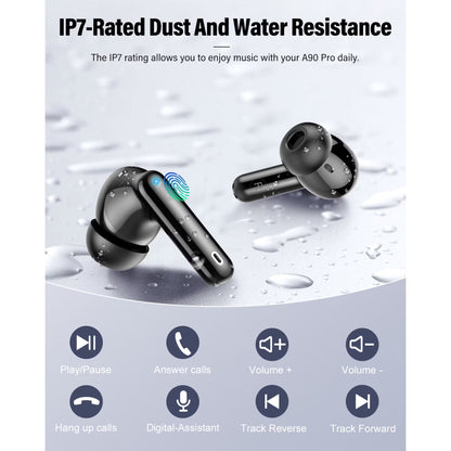 Wireless Earbuds, Bluetooth 5.4 Headphones Bass Stereo, Ear Buds with Noise Cancelling Mic, LED Display in Ear Earphones Clear Calls, IP7 Waterproof Bluetooth Earbuds for Phones/Sports/Laptop, Black