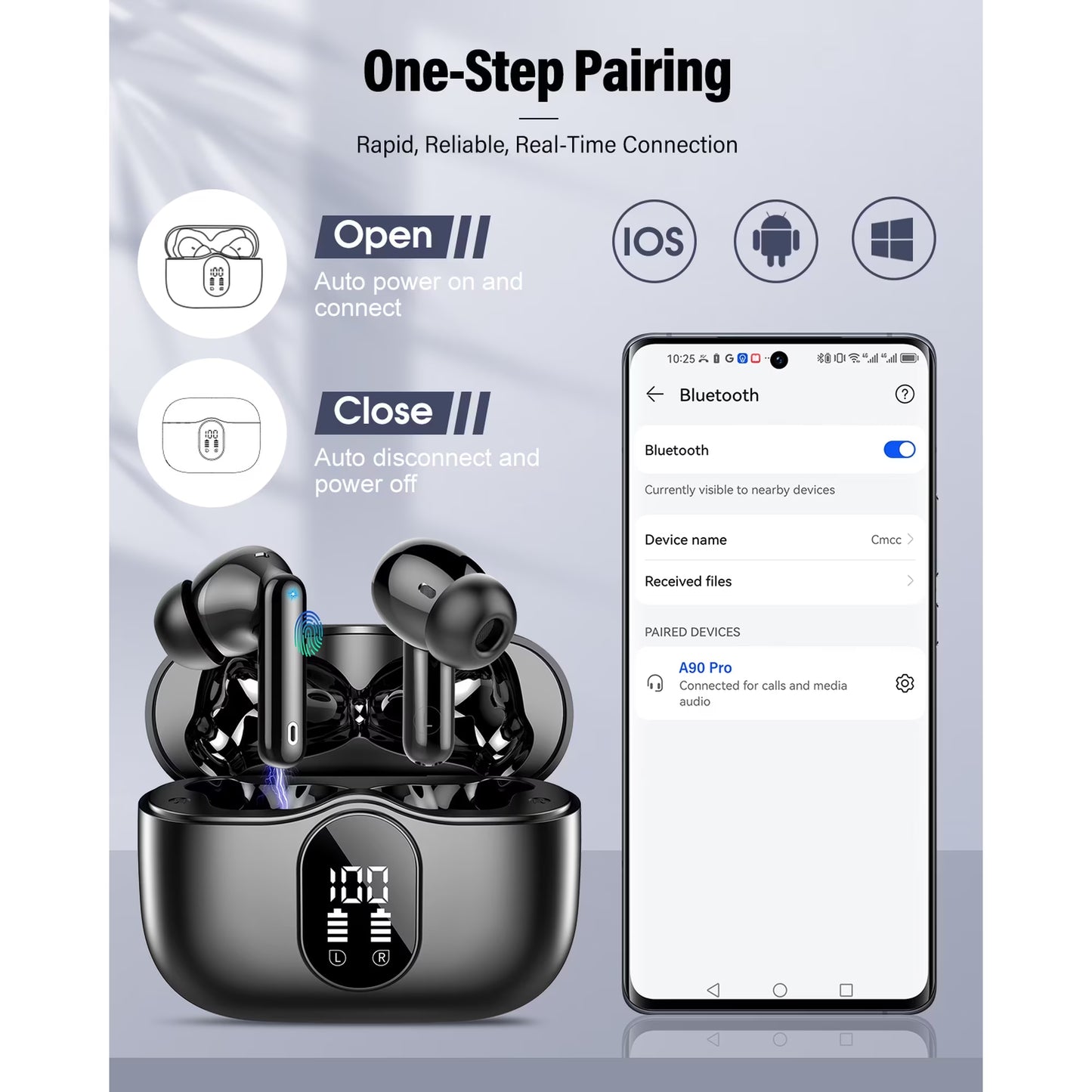 Wireless Earbuds, Bluetooth 5.4 Headphones Bass Stereo, Ear Buds with Noise Cancelling Mic, LED Display in Ear Earphones Clear Calls, IP7 Waterproof Bluetooth Earbuds for Phones/Sports/Laptop, Black