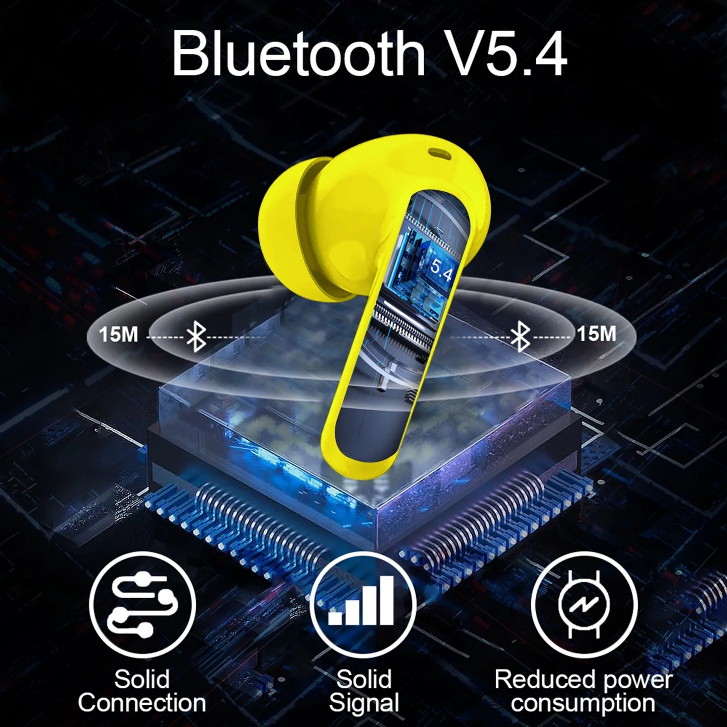 Wireless Earbuds, Bluetooth 5.4 Headphones Bass Stereo, Ear Buds with Noise Cancelling Mic, LED Display in Ear Earphones Clear Calls, IP7 Waterproof Bluetooth Earbuds for Laptop/Phones/Sports, Yellow