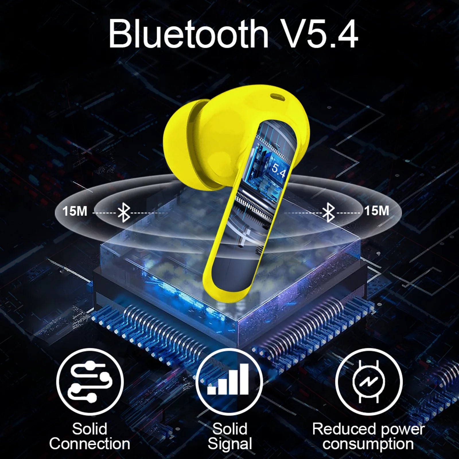 Wireless Earbuds, Bluetooth 5.4 Headphones Bass Stereo, Ear Buds with Noise Cancelling Mic, LED Display in Ear Earphones Clear Calls, IP7 Waterproof Bluetooth Earbuds for Laptop/Phones/Sports, Yellow