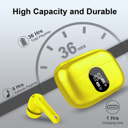 Wireless Earbuds, Bluetooth 5.4 Headphones Bass Stereo, Ear Buds with Noise Cancelling Mic, LED Display in Ear Earphones Clear Calls, IP7 Waterproof Bluetooth Earbuds for Laptop/Phones/Sports, Yellow