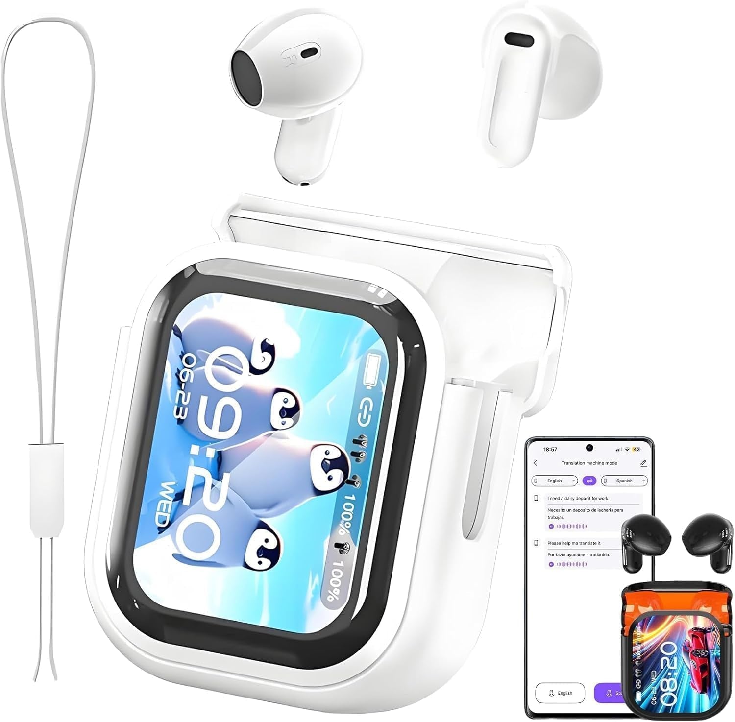 NE20 Earbuds, 2025 New NE20 AI Translation Earbuds in Real Time, Language Translator Headphones with LCD Touch Screen Audifonos Traductores Inglés Español Support 140 Languages for Travel White