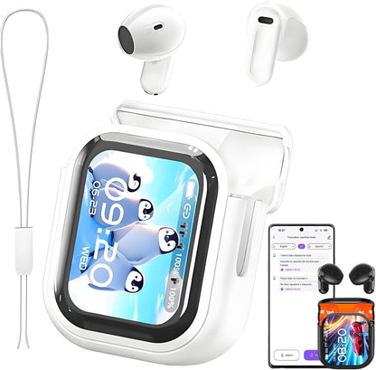 NE20 Earbuds, 2025 New NE20 AI Translation Earbuds in Real Time, Language Translator Headphones with LCD Touch Screen Audifonos Traductores Inglés Español Support 140 Languages for Travel White