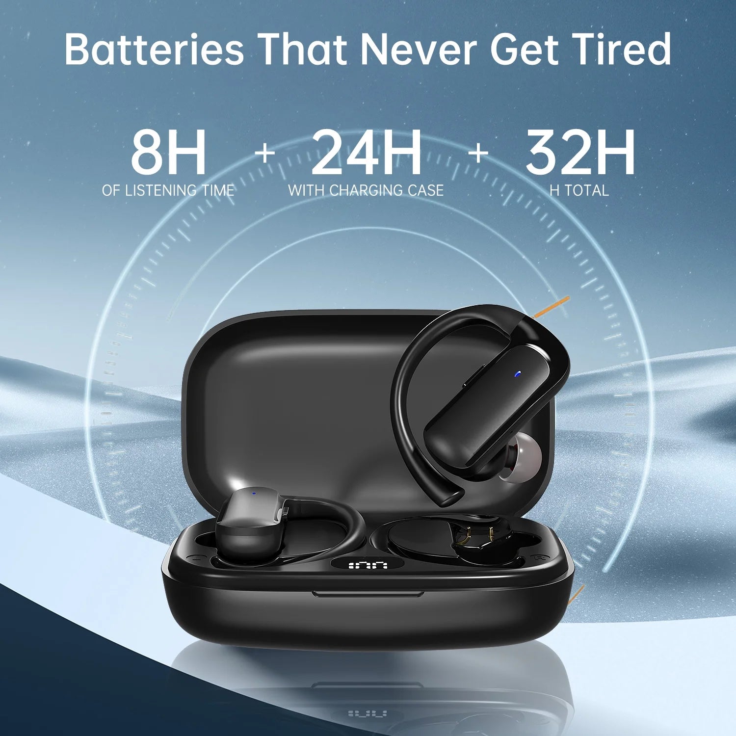 T60 Bluetooth Sport Headphones, Wireless Earbuds with LED Digital Display, 40 Hours of Playback Time, Bluetooth 5.3 for Earbuds, Premium Sound for Running, Sports, Gym, Black