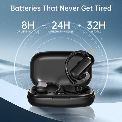 T60 Bluetooth Sport Headphones, Wireless Earbuds with LED Digital Display, 40 Hours of Playback Time, Bluetooth 5.3 for Earbuds, Premium Sound for Running, Sports, Gym, Black