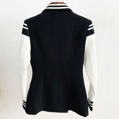 HIGH STREET New Fashion 2026 Classic Varsity Jacket Women's Lion Buttons Double Breasted Leather Sleeve Patchwork Blazer