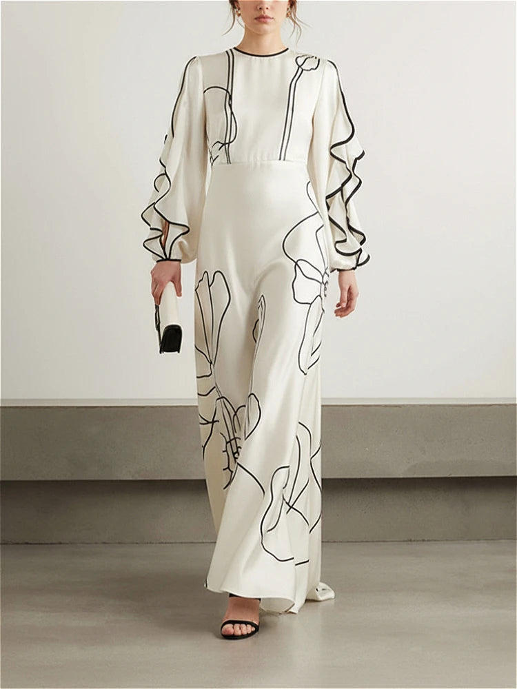 2026 Women White Black Line Printed Maxi Dress Round Neck Ruffle Sleeve High Waist A Line Pleated Stylish Party Dress
