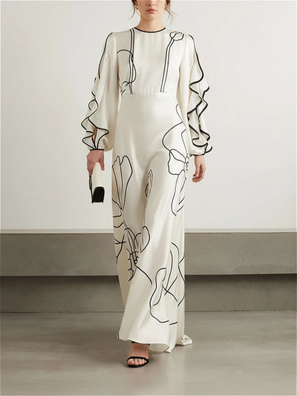 2026 Women White Black Line Printed Maxi Dress Round Neck Ruffle Sleeve High Waist A Line Pleated Stylish Party Dress