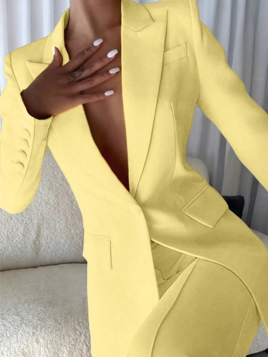 2-Piece Suit Set - Fitted Blazer & High Waist Wide Leg Pants, Elegant Office Outfit for Work, Business & Formal Events