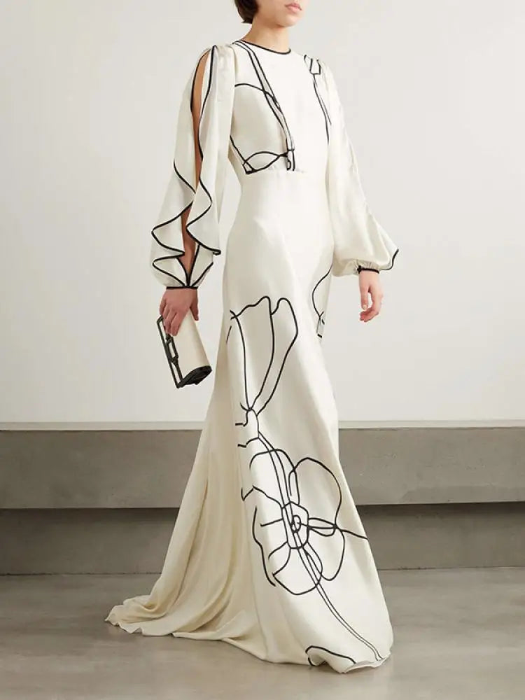 2026 Women White Black Line Printed Maxi Dress Round Neck Ruffle Sleeve High Waist A Line Pleated Stylish Party Dress