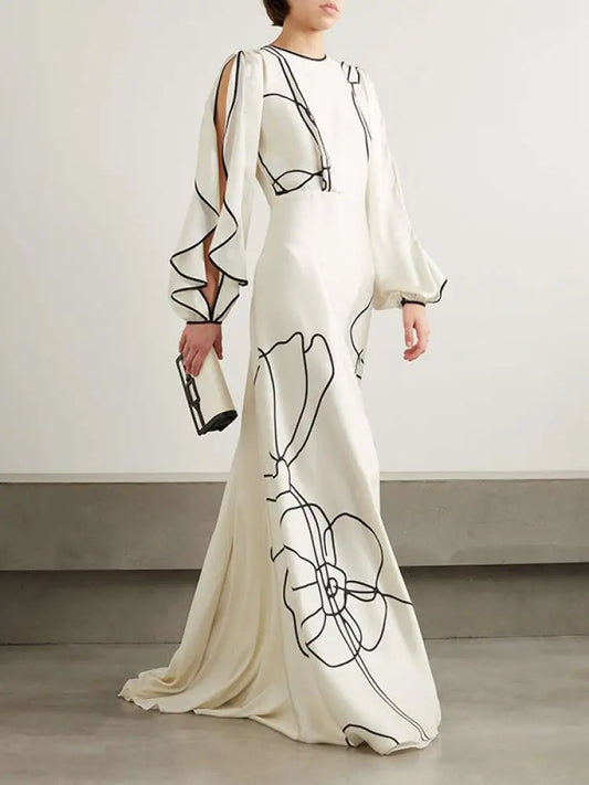 2026 Women White Black Line Printed Maxi Dress Round Neck Ruffle Sleeve High Waist A Line Pleated Stylish Party Dress
