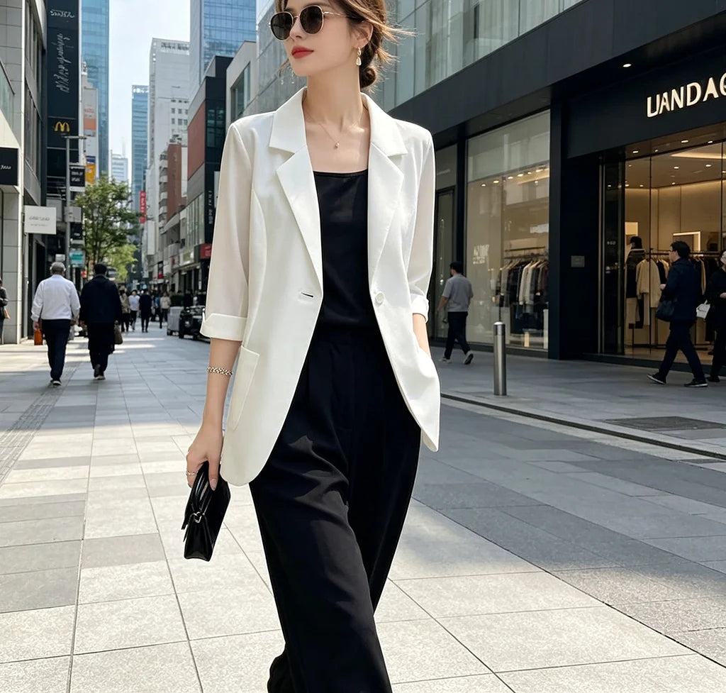 Summer Thin White Blazer Women 3/4 Sleeve Loose Fit Office Suit Jacket Elegant Business Formal Work Coat
