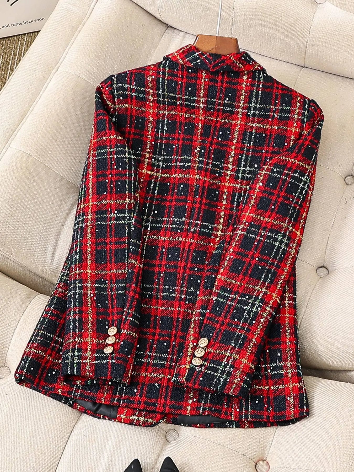 Women's High-End Red Plaid Double-Breasted Blazer Heavy Wool Tweed Casual Top Textured Fall/Winter Christmas Outfit