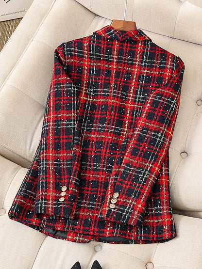 Women's High-End Red Plaid Double-Breasted Blazer Heavy Wool Tweed Casual Top Textured Fall/Winter Christmas Outfit