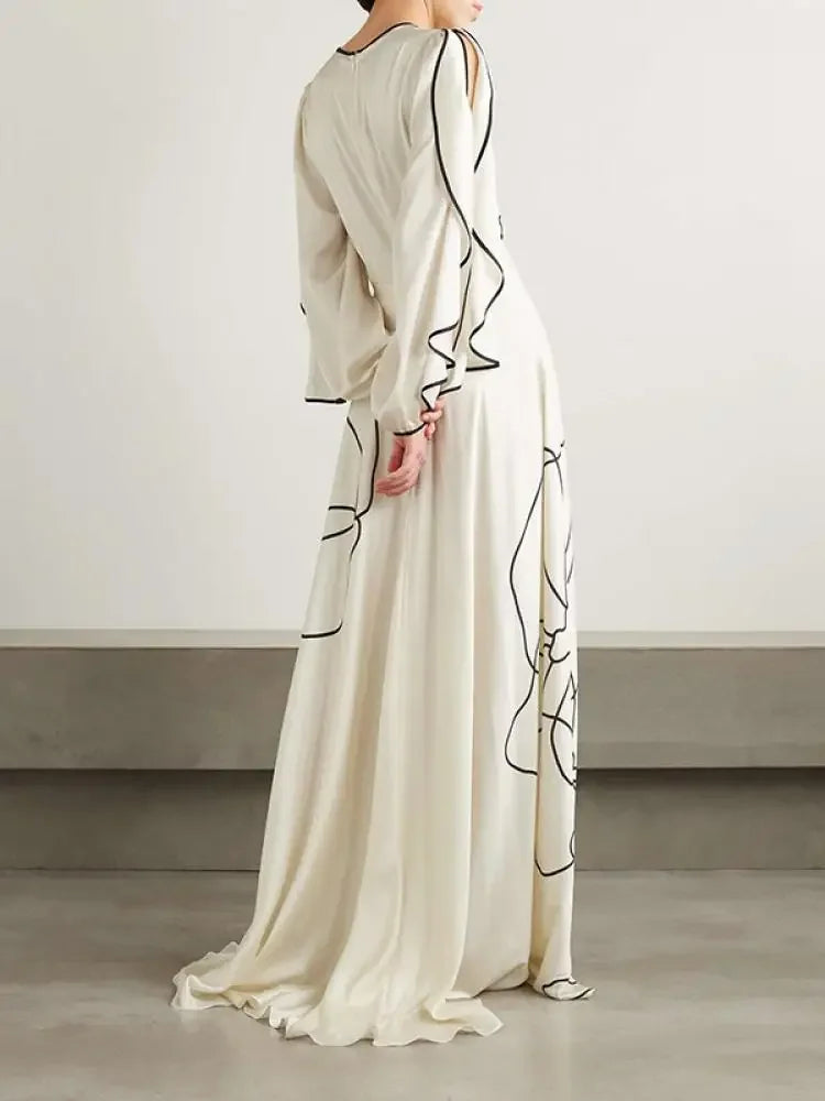 2026 Women White Black Line Printed Maxi Dress Round Neck Ruffle Sleeve High Waist A Line Pleated Stylish Party Dress