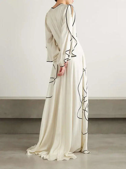 2026 Women White Black Line Printed Maxi Dress Round Neck Ruffle Sleeve High Waist A Line Pleated Stylish Party Dress