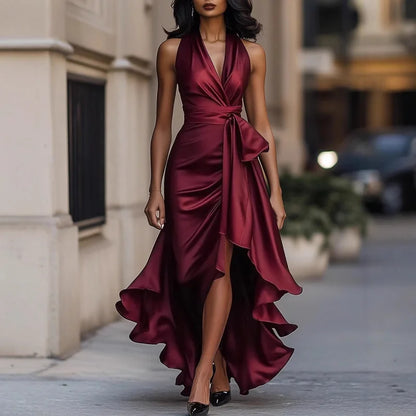 Women Luxury Halter Satin Evening Dresses V Neck Wrap Waist Ruffle Slit Asymmetrical Hem Formal Party Dress Multi Color