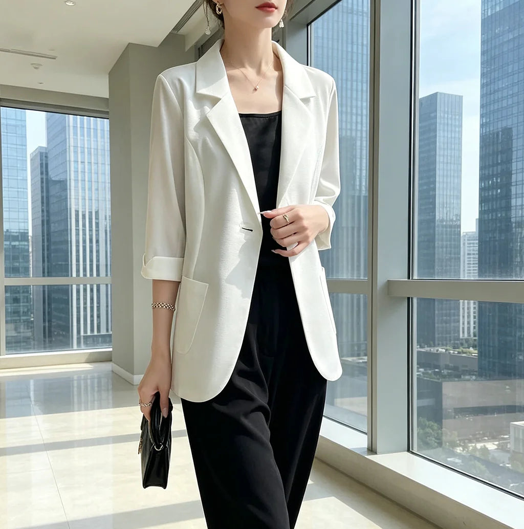Summer Thin White Blazer Women 3/4 Sleeve Loose Fit Office Suit Jacket Elegant Business Formal Work Coat