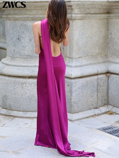 Elegant Satin Ribbons Halter Party Dress Women's Sexy Backless Off Shoulder Sleeveless Robes 2026 Summer New Lady Evening Gowns