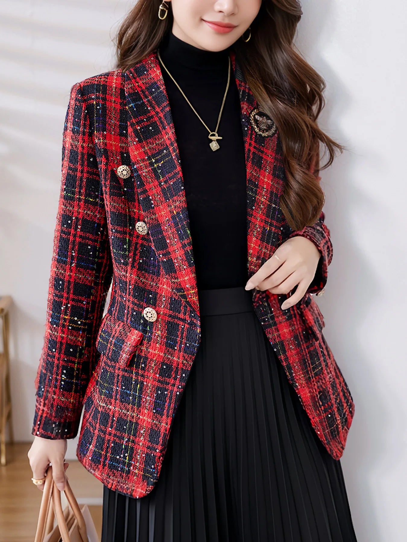 Women's High-End Red Plaid Double-Breasted Blazer Heavy Wool Tweed Casual Top Textured Fall/Winter Christmas Outfit