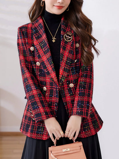 Women's High-End Red Plaid Double-Breasted Blazer Heavy Wool Tweed Casual Top Textured Fall/Winter Christmas Outfit