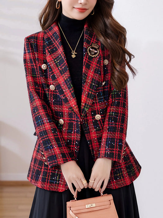 Women's High-End Red Plaid Double-Breasted Blazer Heavy Wool Tweed Casual Top Textured Fall/Winter Christmas Outfit