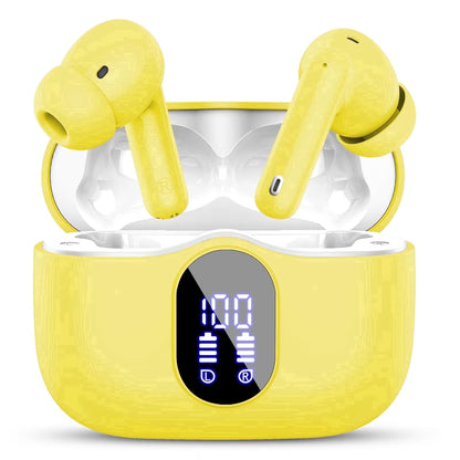 Wireless Earbuds, Bluetooth 5.4 Headphones Bass Stereo, Ear Buds with Noise Cancelling Mic, LED Display in Ear Earphones Clear Calls, IP7 Waterproof Bluetooth Earbuds for Laptop/Phones/Sports, Yellow