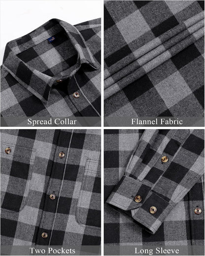 Flannel Shirt for Men Plaid Long Sleeve Casual Button down Shirts Regular Fit Cotton Buffalo Checkered Top with Pockets
